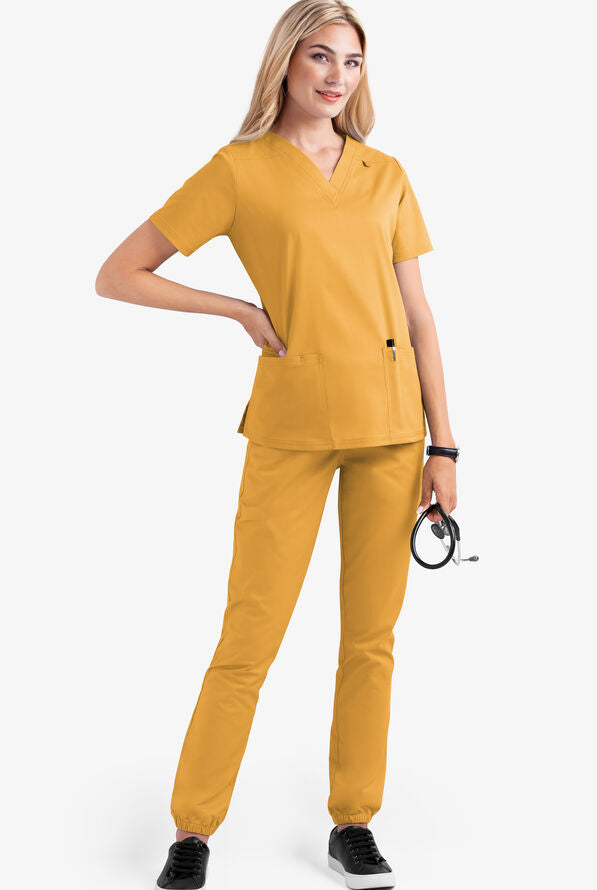 2023 European and American new style solid color pocket V-neck nursing work uniform nurse clothes two-piece suit women's short sleeve