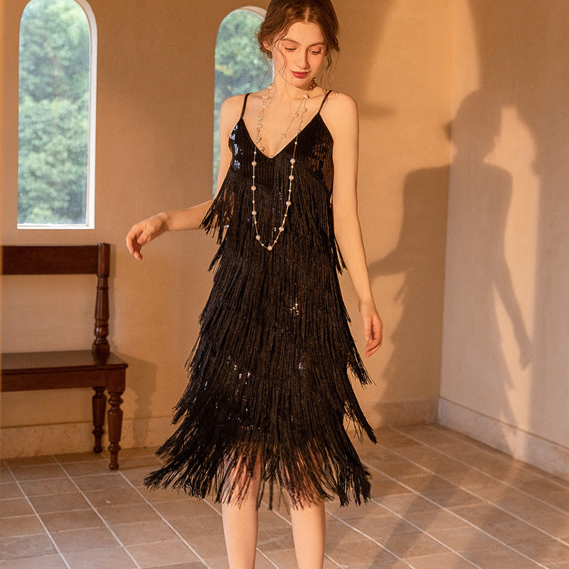 1920s Banquet Wedding Bridesmaid Dress Sexy Nightclub Sequins Host Sling Strap Skirt Amazon 8005