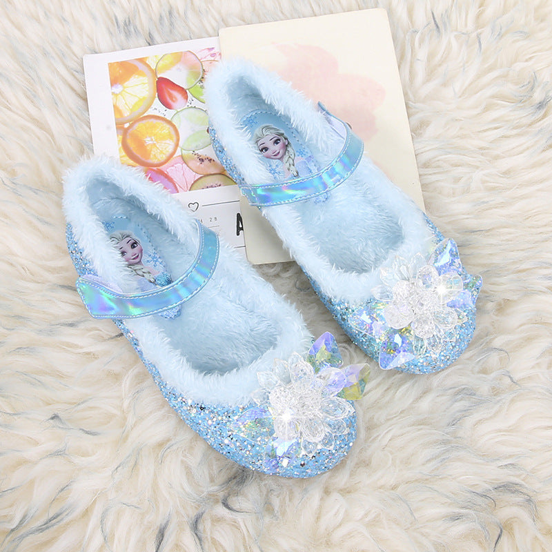 Elsa Princess Shoes Winter New Girls' Velvet Warm Flat Shoes Blue Crystal Shoes Little Girl Soft Shoes