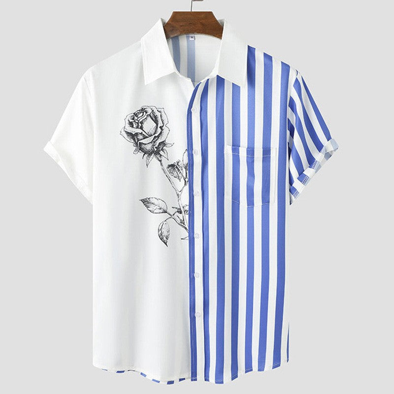 Cross-border 2023 new men's shirt 3D digital printing short sleeve lapel striped shirt men's short cardigan top