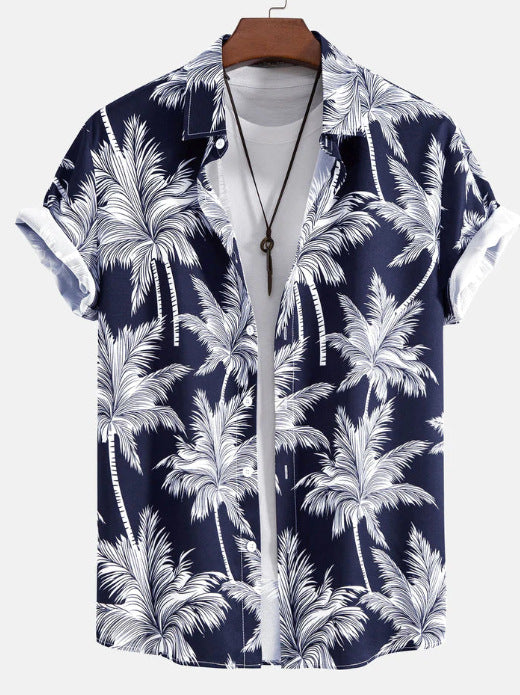 Cross-border 2023 new men's shirt 3D digital printing short sleeve lapel striped shirt men's short cardigan top