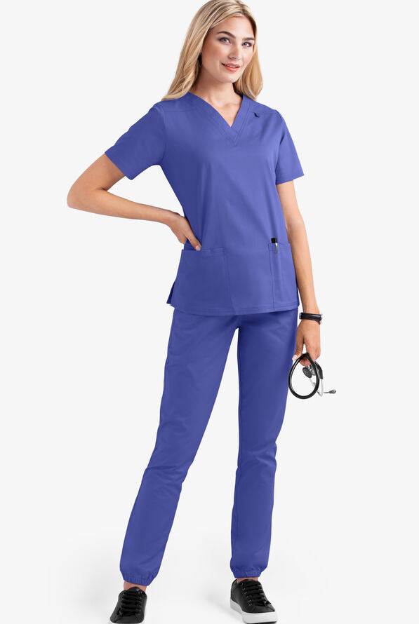 2023 European and American new style solid color pocket V-neck nursing work uniform nurse clothes two-piece suit women's short sleeve