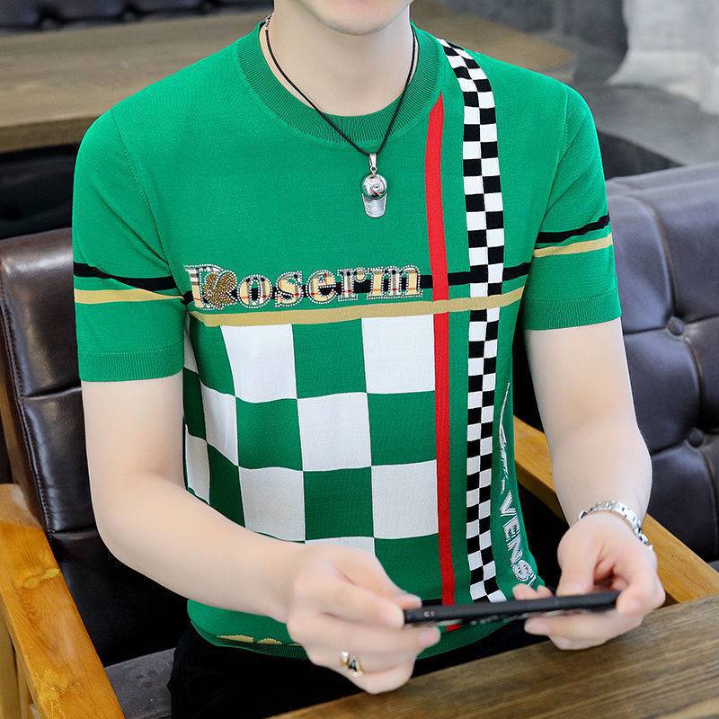 Men's Knitted Crewneck Ice Silk Short-sleeved T-shirt Summer Korean Style Fashion Plaid Knitted Trendy Half-sleeved Slim-fit T-shirt for Men