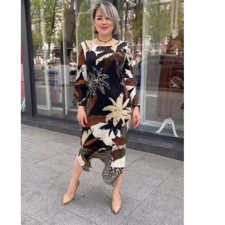 2023 Spring and Autumn European and American Cross-border New AliExpress Elegant Commuter Round Neck Printed Large Size Dress for Women
