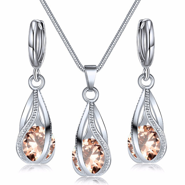 Obega Cubic Zirconia Necklace Set Lantern Design Multi Color Stone Pendant Necklace Drop Earrings Copper Material Rhodium Plated