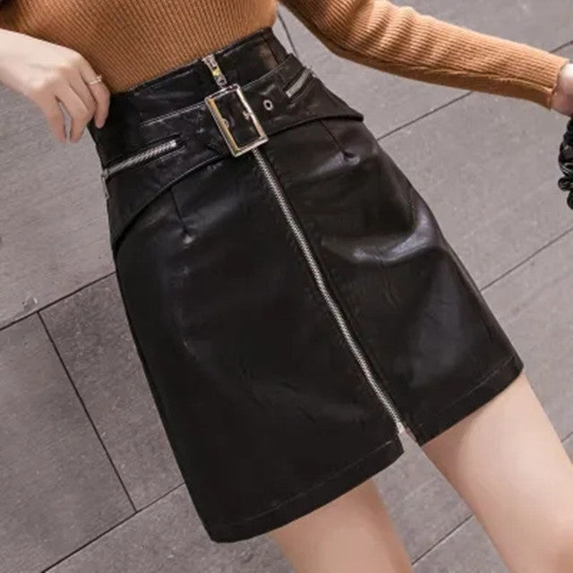 PU Leather A Line Skirt Women Belt Zipper High Waist Women's Mini Skirts Black 2023 Autumn Fashion Streetwear Bottoms Female