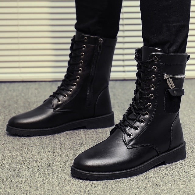 PU Leather Men Motorcycle Boots Men's Military Riding Hunting Walking Shoes Autumn Winter Mid-Calf Boots Brand Designer Boots