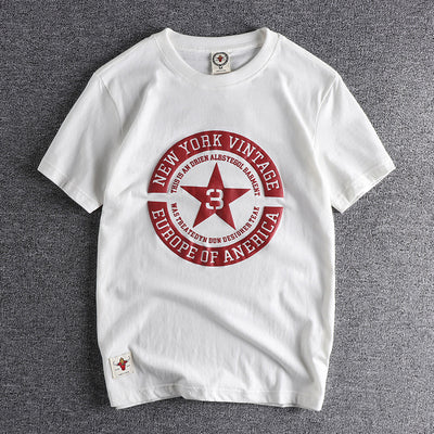Men Pentagram O-Neck Short Sleeve Letter Print T-Shirt 100% Cotton, Old Washed Casual Tops, American Retro Fashion, New, Summer
