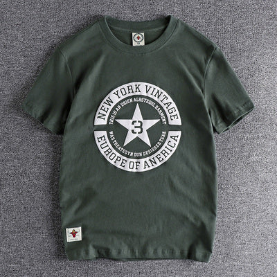 Men Pentagram O-Neck Short Sleeve Letter Print T-Shirt 100% Cotton, Old Washed Casual Tops, American Retro Fashion, New, Summer