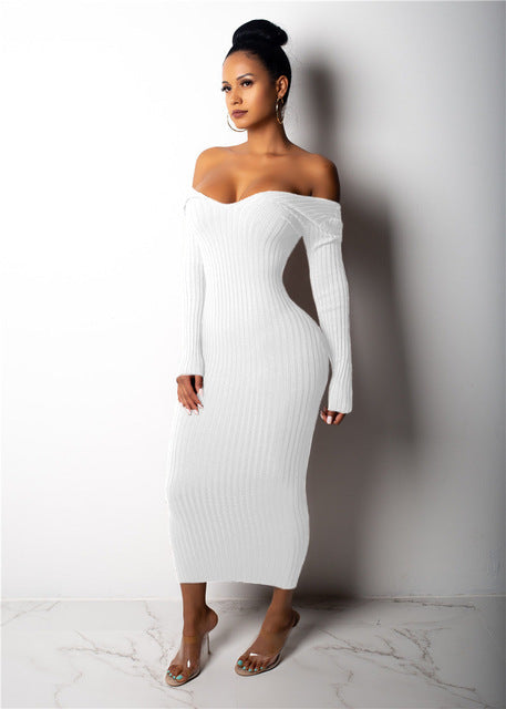 Sibybo Winter Ribbed Knitted Cotton Dress Women Off Shoulder Long Sleeve Sexy Bodycon Dresses Elastic Slim Party Vestidos 2021