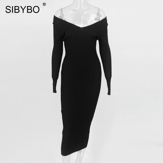 Sibybo Winter Ribbed Knitted Cotton Dress Women Off Shoulder Long Sleeve Sexy Bodycon Dresses Elastic Slim Party Vestidos 2021