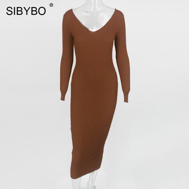 Sibybo Winter Ribbed Knitted Cotton Dress Women Off Shoulder Long Sleeve Sexy Bodycon Dresses Elastic Slim Party Vestidos 2021