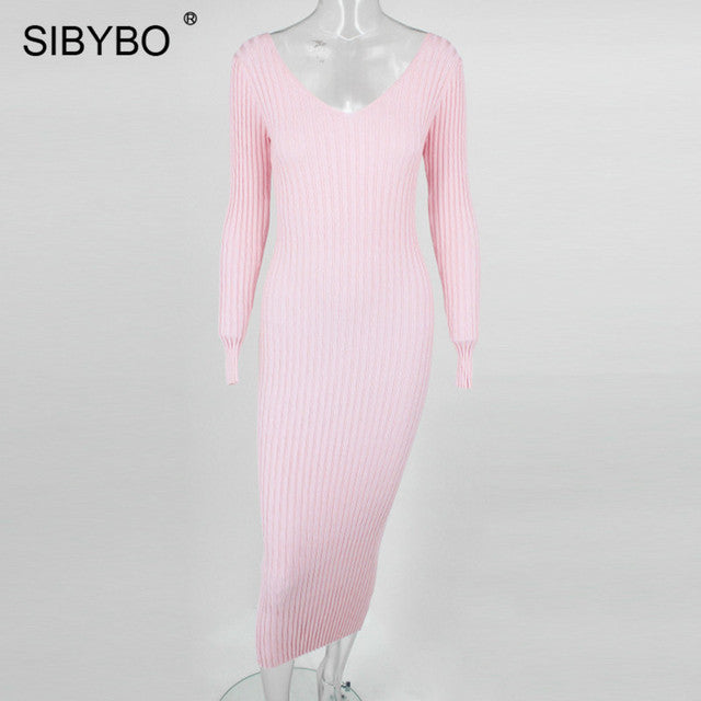 Sibybo Winter Ribbed Knitted Cotton Dress Women Off Shoulder Long Sleeve Sexy Bodycon Dresses Elastic Slim Party Vestidos 2021