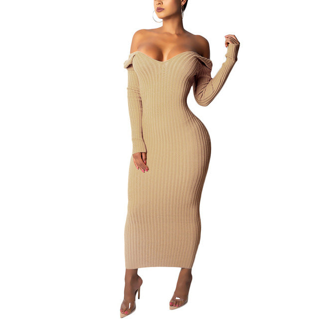 Sibybo Winter Ribbed Knitted Cotton Dress Women Off Shoulder Long Sleeve Sexy Bodycon Dresses Elastic Slim Party Vestidos 2021