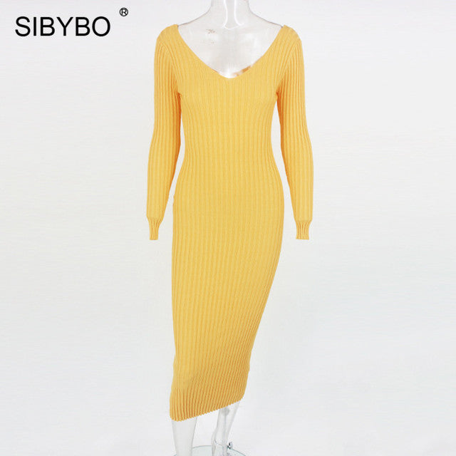 Sibybo Winter Ribbed Knitted Cotton Dress Women Off Shoulder Long Sleeve Sexy Bodycon Dresses Elastic Slim Party Vestidos 2021