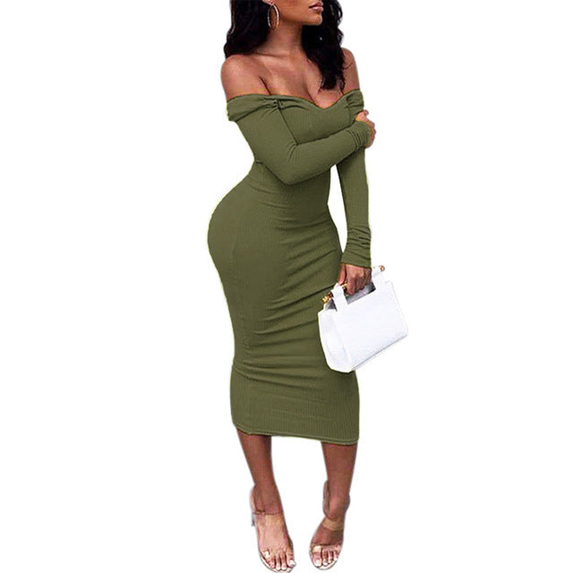 Sibybo Winter Ribbed Knitted Cotton Dress Women Off Shoulder Long Sleeve Sexy Bodycon Dresses Elastic Slim Party Vestidos 2021