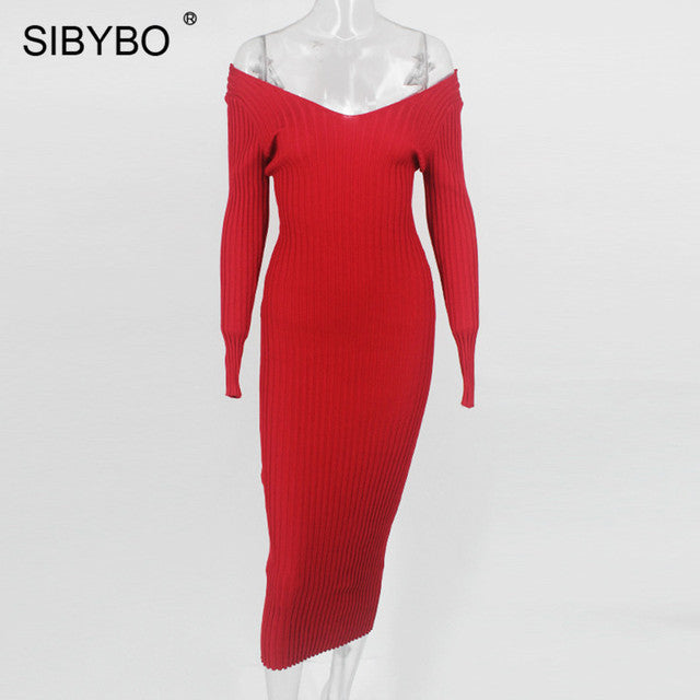 Sibybo Winter Ribbed Knitted Cotton Dress Women Off Shoulder Long Sleeve Sexy Bodycon Dresses Elastic Slim Party Vestidos 2021