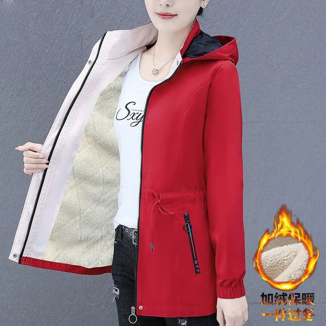Spring Autumn Female Windbreaker New Solid Hooded Zipper Mid Length Velvet Winter Jacket Coat Women Outerwear Gabardina Mujer