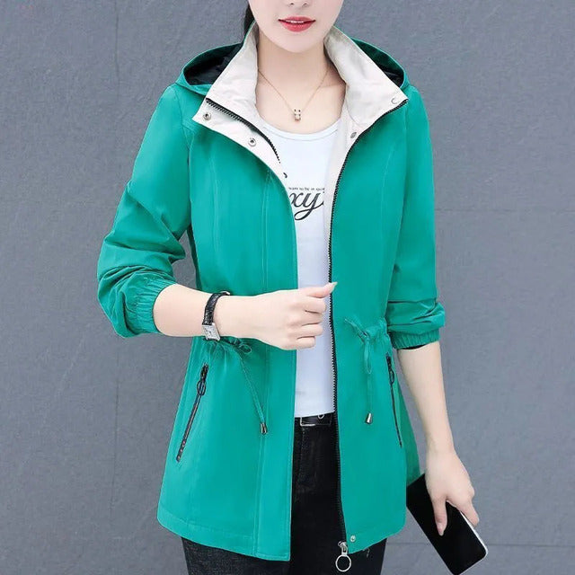 Spring Autumn Female Windbreaker New Solid Hooded Zipper Mid Length Velvet Winter Jacket Coat Women Outerwear Gabardina Mujer