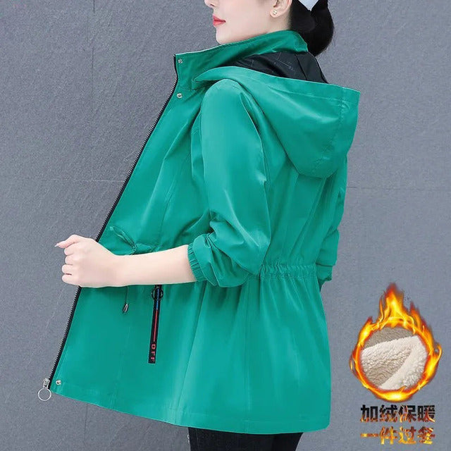 Spring Autumn Female Windbreaker New Solid Hooded Zipper Mid Length Velvet Winter Jacket Coat Women Outerwear Gabardina Mujer