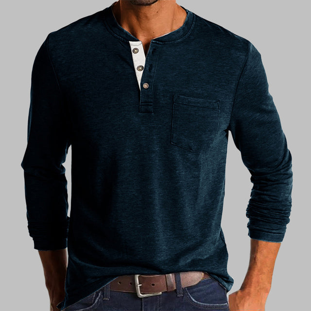 Spring/Fall New Trend T-shirt Men Elegant Fashion Button Half Open Collar Solid Color Long Sleeve Pocket Top Men Commuter Shirts
