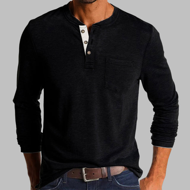 Spring/Fall New Trend T-shirt Men Elegant Fashion Button Half Open Collar Solid Color Long Sleeve Pocket Top Men Commuter Shirts