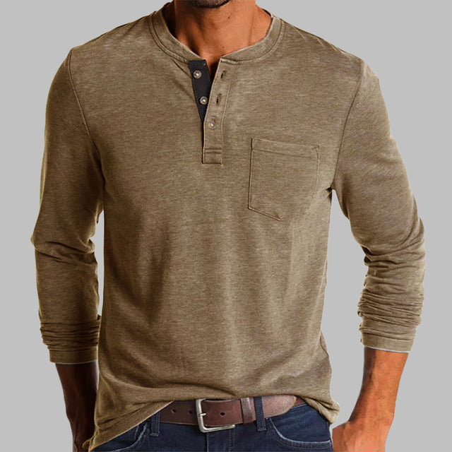 Spring/Fall New Trend T-shirt Men Elegant Fashion Button Half Open Collar Solid Color Long Sleeve Pocket Top Men Commuter Shirts