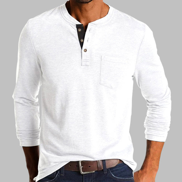 Spring/Fall New Trend T-shirt Men Elegant Fashion Button Half Open Collar Solid Color Long Sleeve Pocket Top Men Commuter Shirts