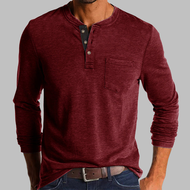 Spring/Fall New Trend T-shirt Men Elegant Fashion Button Half Open Collar Solid Color Long Sleeve Pocket Top Men Commuter Shirts