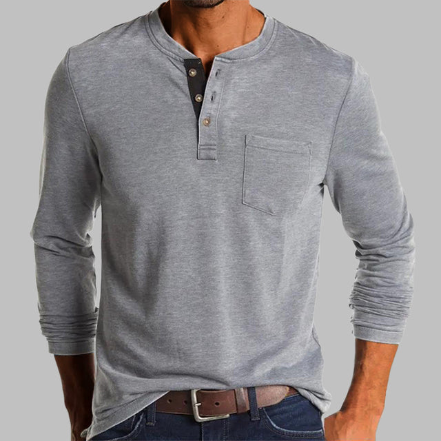 Spring/Fall New Trend T-shirt Men Elegant Fashion Button Half Open Collar Solid Color Long Sleeve Pocket Top Men Commuter Shirts