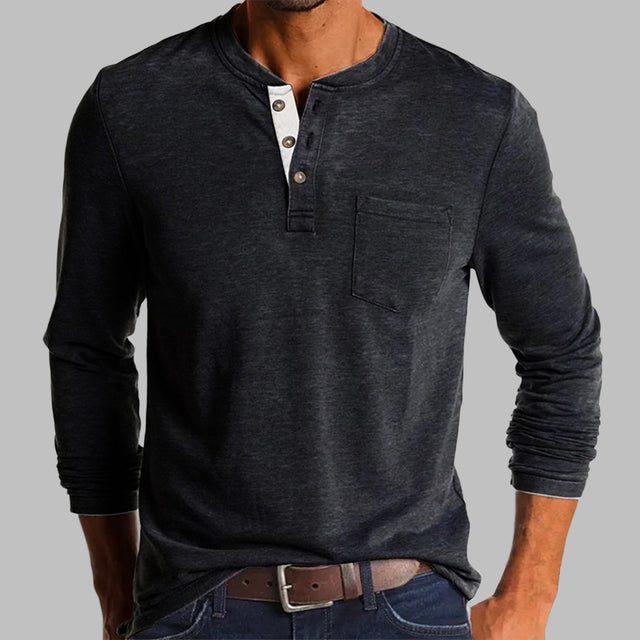 Spring/Fall New Trend T-shirt Men Elegant Fashion Button Half Open Collar Solid Color Long Sleeve Pocket Top Men Commuter Shirts