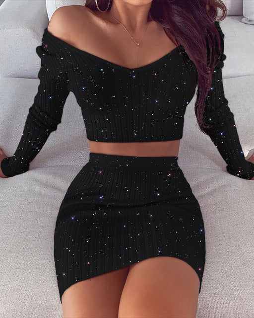 Wepbel Summer 2 Piece Sets Outfits Long Sleeve Tops Off Shoulder Tshirts Tops Skinny Skirts Gold Dress Sets Women Pencil Skirts