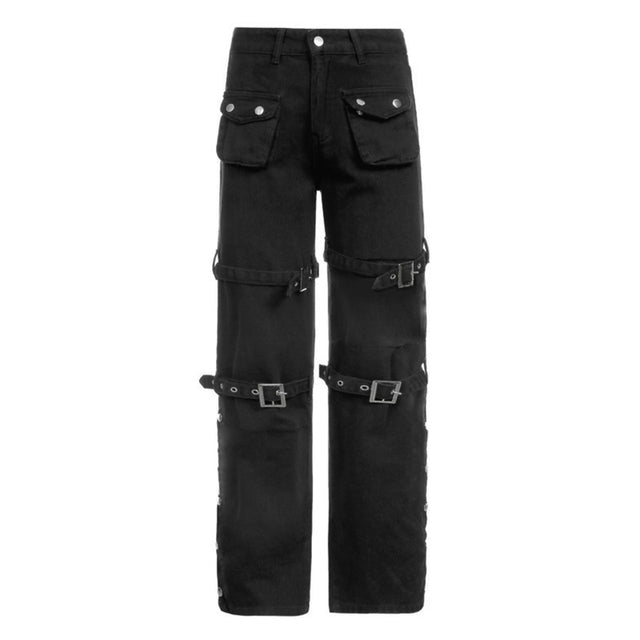 Women Black Cargo Jeans with Multi Pockets Metal Buckle Belt Straight Trousers Dropship