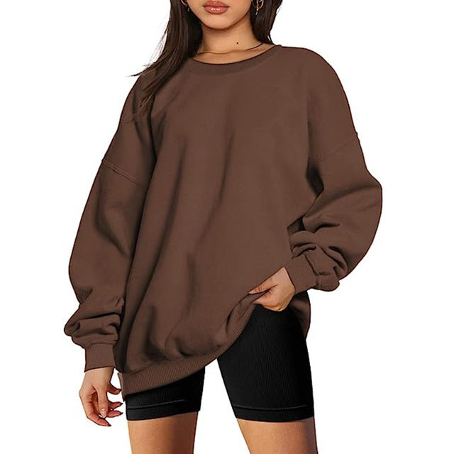 Women Sweatshirt Round Neck Pure Color Pullover Long Sleeve Sports Hoodies Loose Tops Slim Fit Office Lady Autumn Casual