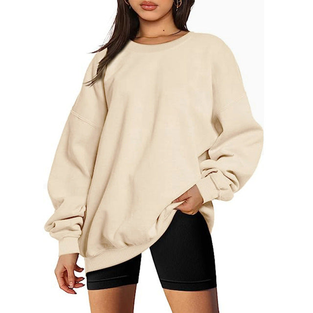 Women Sweatshirt Round Neck Pure Color Pullover Long Sleeve Sports Hoodies Loose Tops Slim Fit Office Lady Autumn Casual