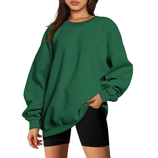 Women Sweatshirt Round Neck Pure Color Pullover Long Sleeve Sports Hoodies Loose Tops Slim Fit Office Lady Autumn Casual