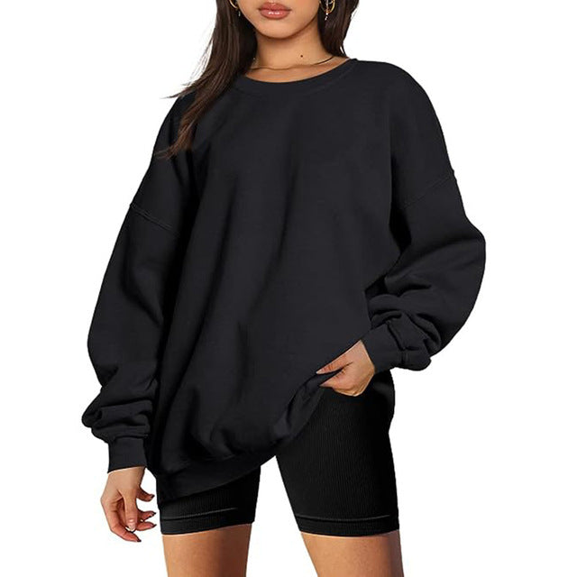 Women Sweatshirt Round Neck Pure Color Pullover Long Sleeve Sports Hoodies Loose Tops Slim Fit Office Lady Autumn Casual