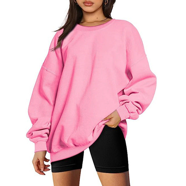 Women Sweatshirt Round Neck Pure Color Pullover Long Sleeve Sports Hoodies Loose Tops Slim Fit Office Lady Autumn Casual