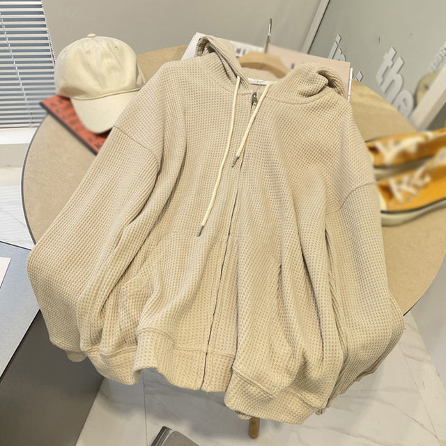 Women's Sweaters Cardigan Autumn and Winter Thermal Windproof Tops Waffle Zipper Pullovers