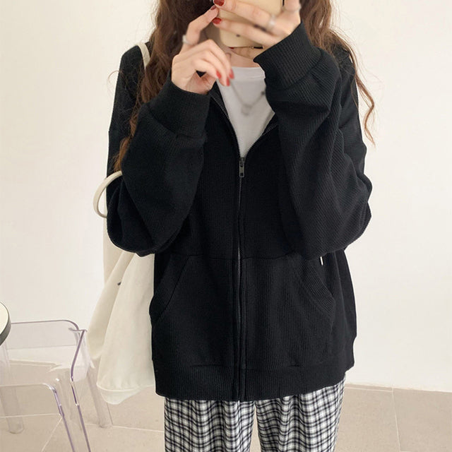 Women's Sweaters Cardigan Autumn and Winter Thermal Windproof Tops Waffle Zipper Pullovers