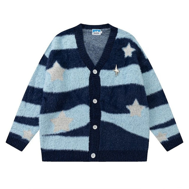 Y2k Preppy Style Cardigan Women Fashion Star Stripe Button Sweater Knit Vintage Autumn Winter Blouse Woman Clothing Trendy 2023