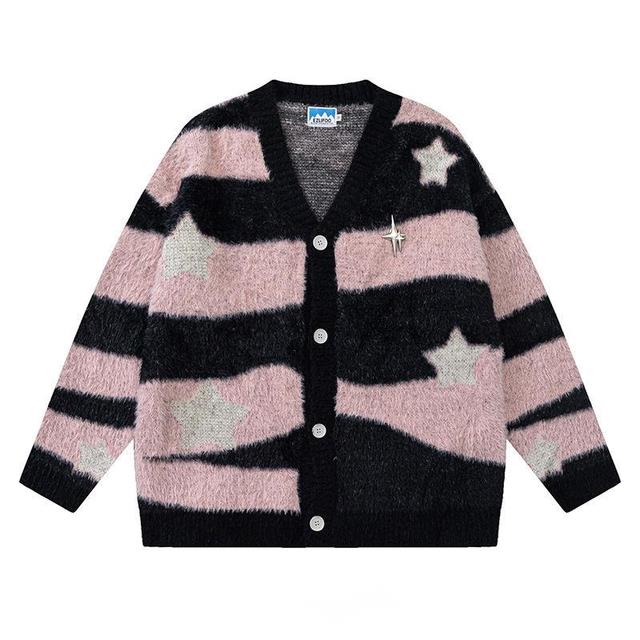 Y2k Preppy Style Cardigan Women Fashion Star Stripe Button Sweater Knit Vintage Autumn Winter Blouse Woman Clothing Trendy 2023