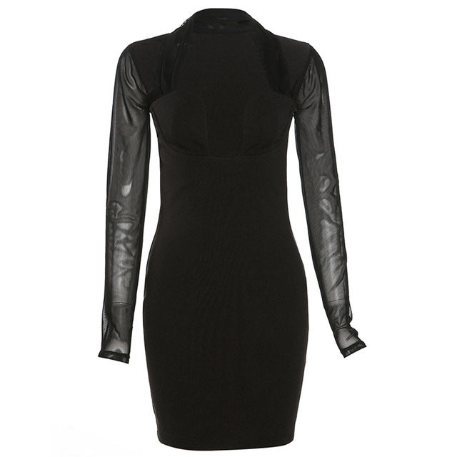 YUZHEXI Low V Halter Bodycon Black Party Dress Women Cold Shoulder Mesh Long Sleeve Elegant Short Robe