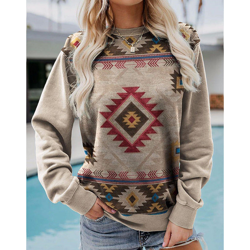 Autumn Winter Vintage Western Style Sweatshirt Women New Year 2022 Round Neck Long Sleeve Top Loose Casual Punk Pullover Hoodies