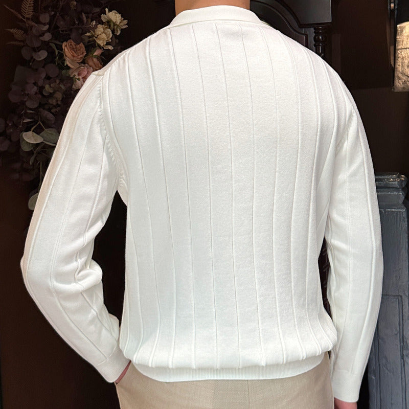 High Quality 2023 Fall Slim Bottomed Lapel Men Streetwear Knitted Sweater Solid Color Knit T-Shirt High Elasticity Long Sleeve