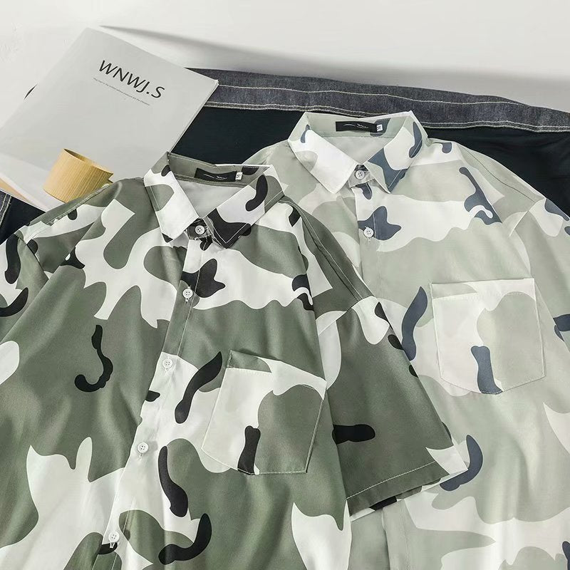 Men Camoflouge Harajuku Hawaiian Shirts Short Sleeve 2020 Summer Korean Streetwear Blouses Camo Cotton Button Up Shirt M-3XL