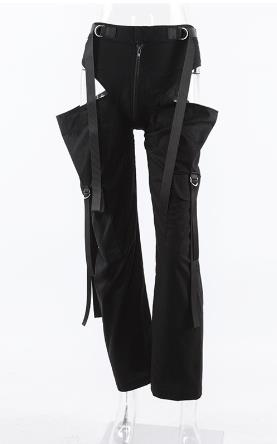 Women Black High Waist Pencil Pants Pockets Patckwork Hollow Out Pants Fashion Women Streetwear Cargo Pants Women Pants