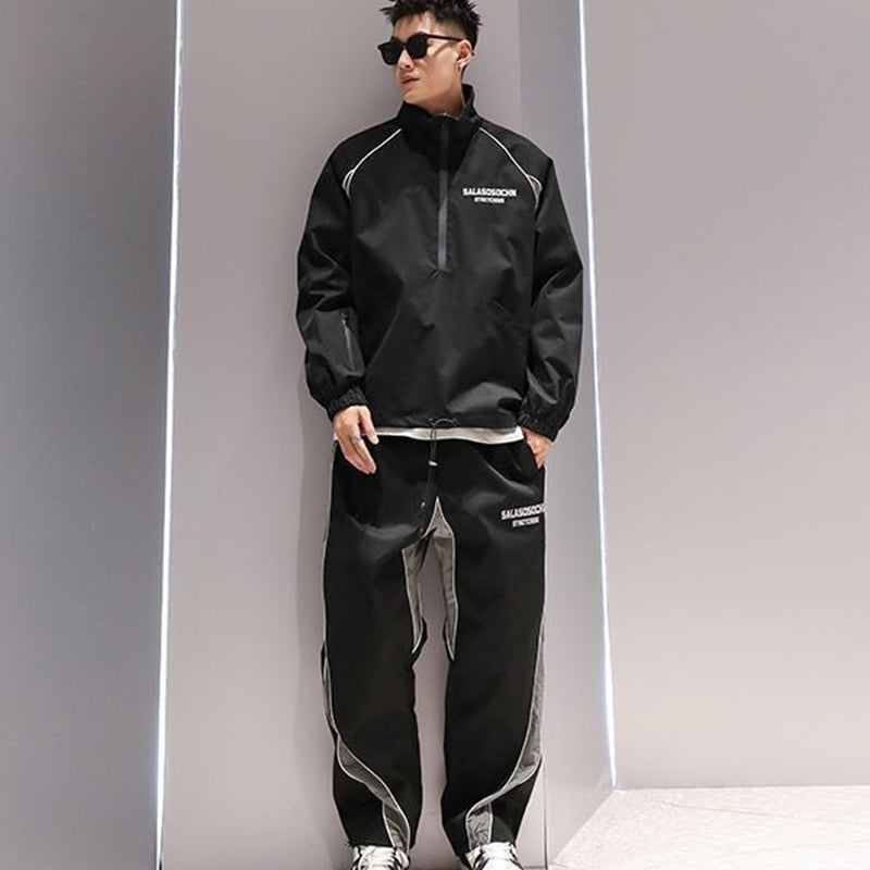 Trendy Letter Reflective Stand Collar Top Men's Korean Style 2024 Autumn Winter New Casual Pants Half-Zip Pullover Jacket Chic