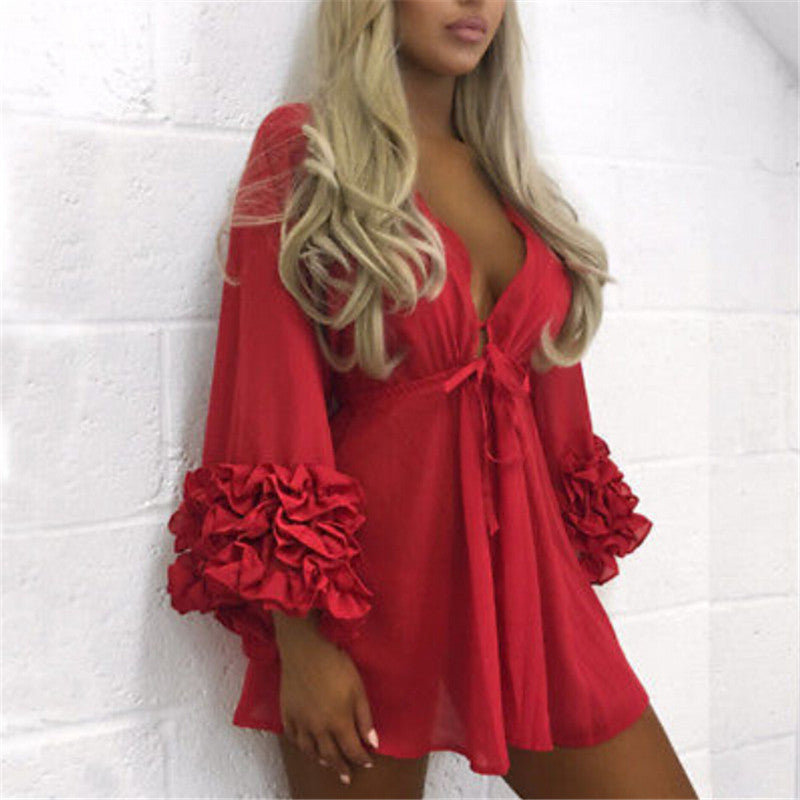 Women Sexy Beach Cover-up Long Puff Sleeve Covers up Bathing Suit Summer Beach Wear Pareo Swimwear Mesh Beach Dress