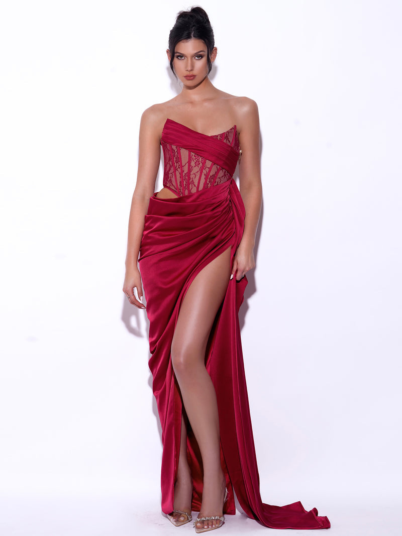 Black Red Color Women Sexy Lace Satin Off the Shoulder Bodycon Long Dress High Split Elegant Evening Party Dress Wholesale